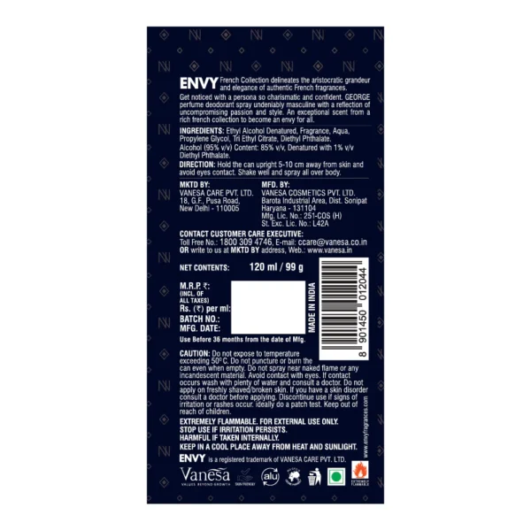 Envy George French Collection Perfume Deodorant Body Spray 120ml